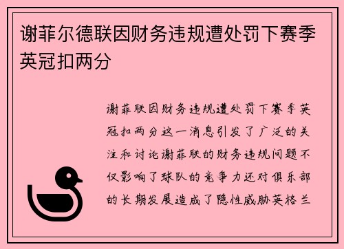 谢菲尔德联因财务违规遭处罚下赛季英冠扣两分